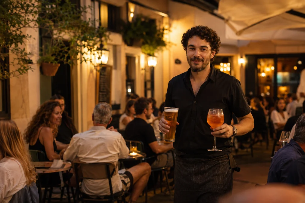 Terraza de un bar con un camarero sirviendo bebidas